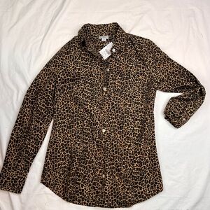 j.Crew Long Sleeve Button Up Cheetah Print Black, tan, Woman's Shirt XxS NWT